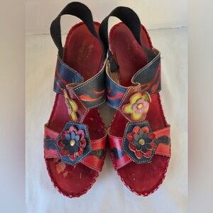 Spring Step Red Womens Sandals MATILDA Heels Sz EU38 US 7.5-8 Leather Flower